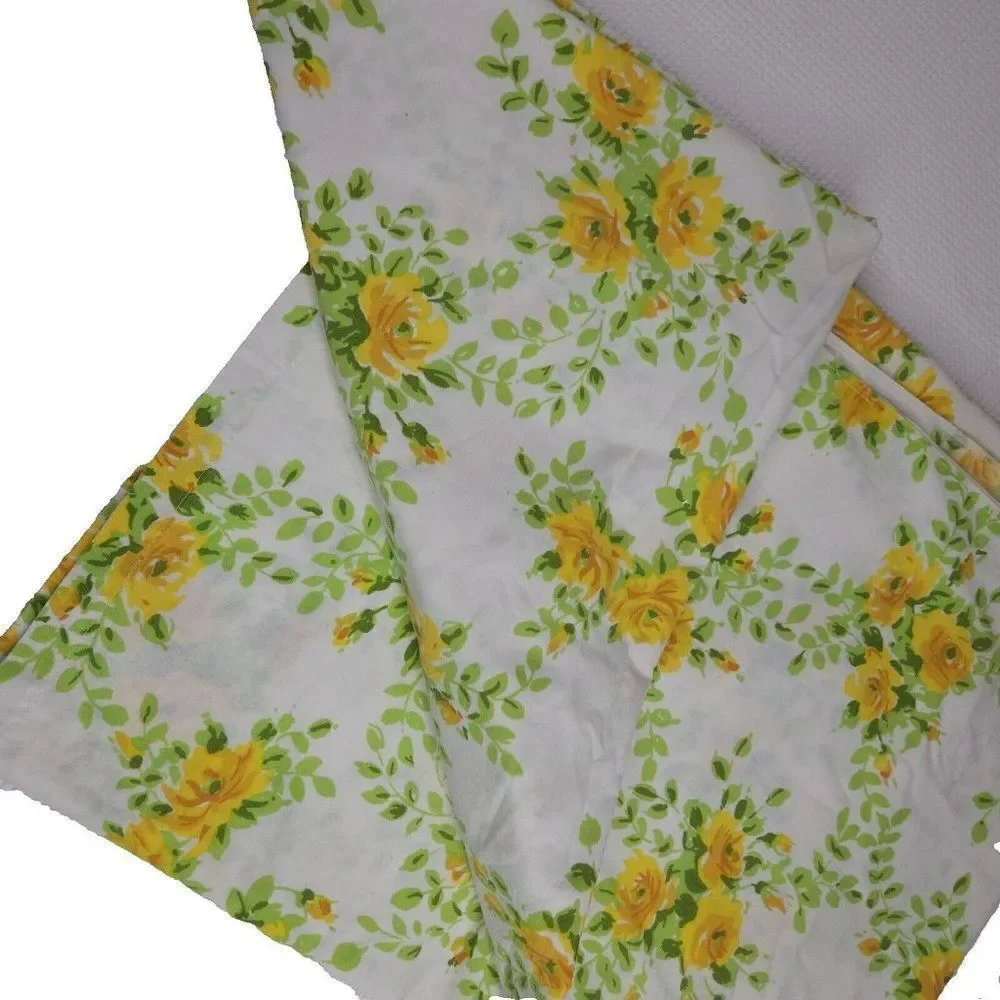 Vintage 70s Stevens Utica Yellow Roses Flat Sheet Twin Size Percale